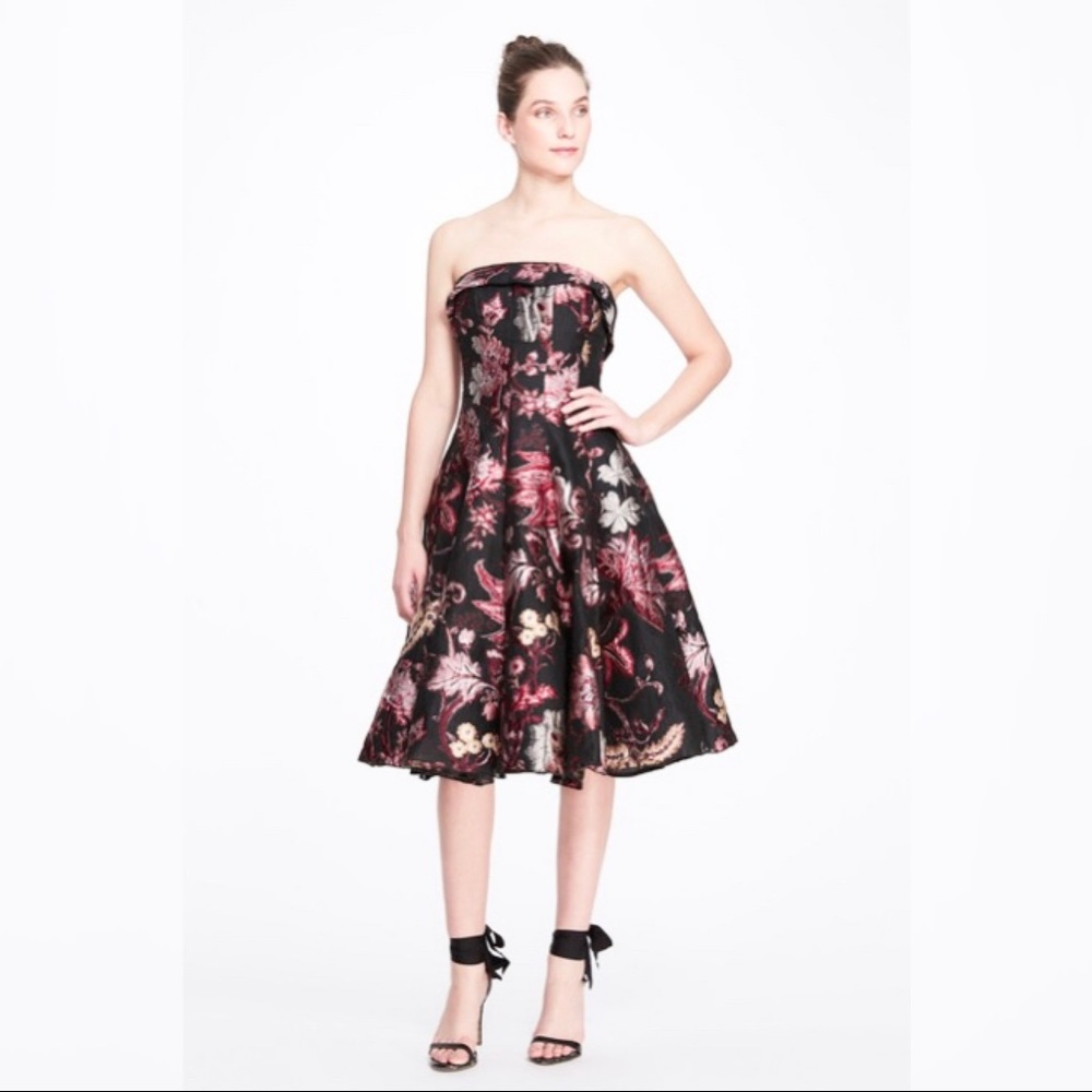 MARCHESA NOTTE Strapless Floral Tea Length Gown, Black, Size 8, NWT